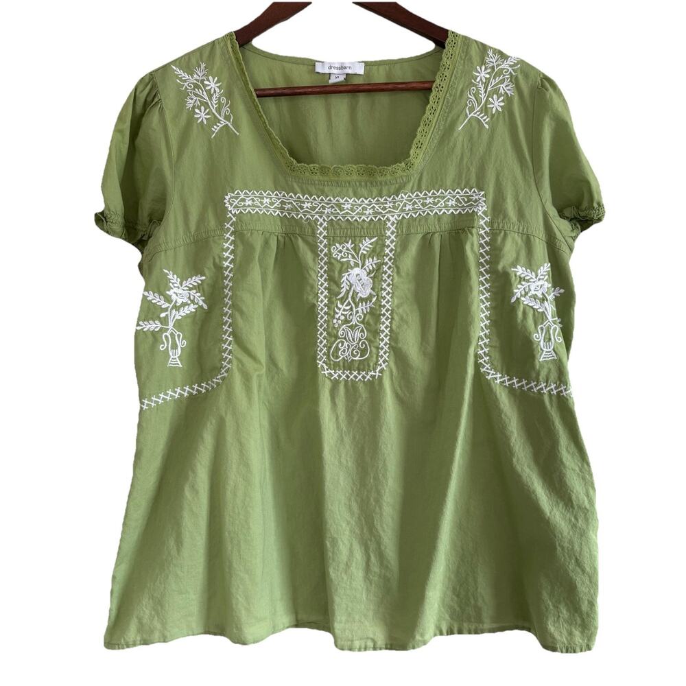 Dressbarn Women’s Green Embroidered Short Sleeve Shirt Tie Back 100% Cotton XL